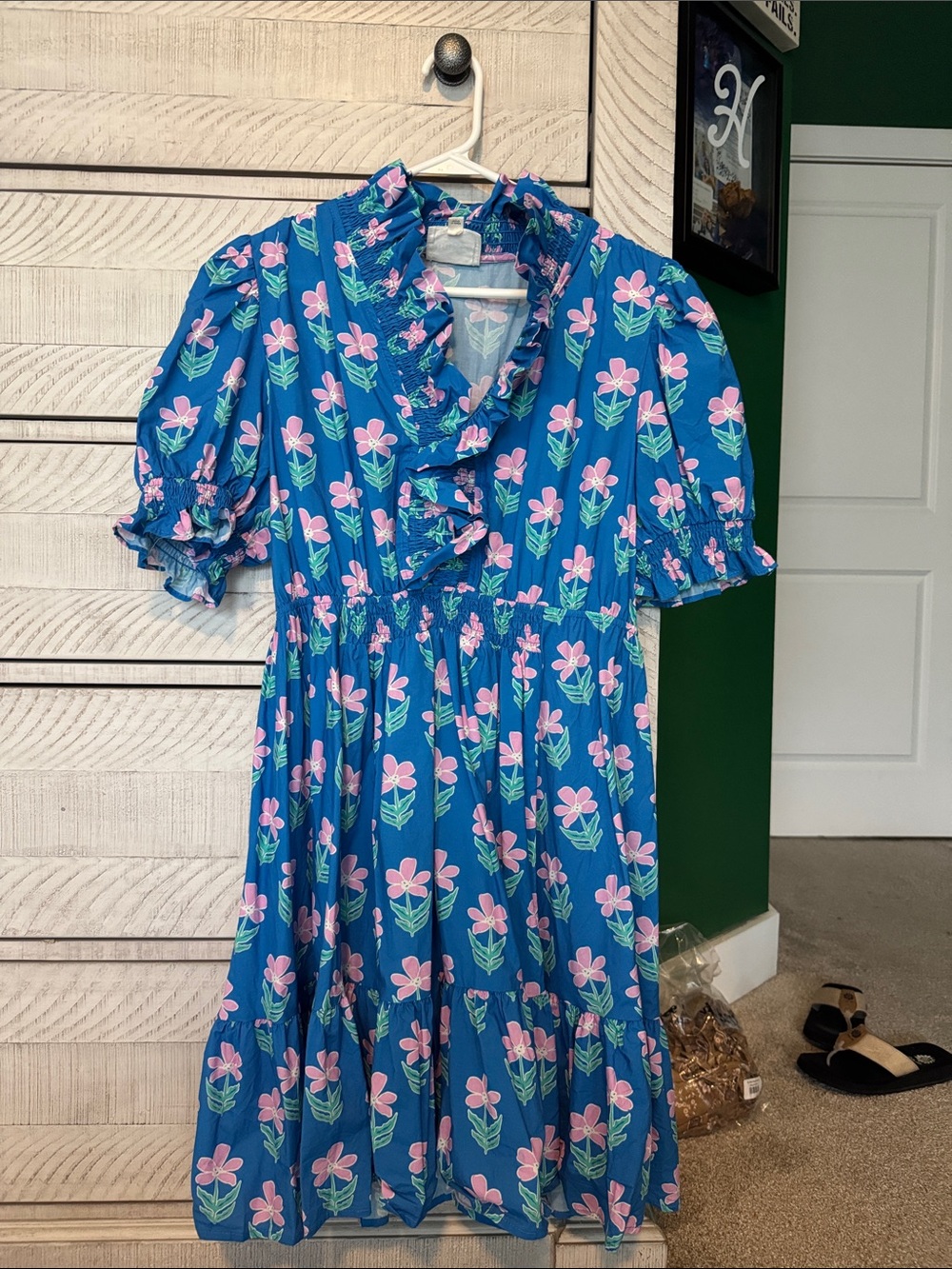 Blue Floral Ruffled Mini Dress with Pink Flowers